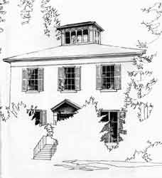 Black and white drawing of the Captain Francis Brown House - Illustration by David Peacock