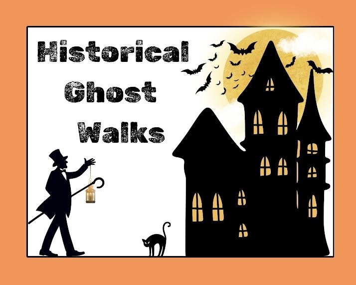 Ghost Walks Logo with haunted house, bats, black cat and historical figure