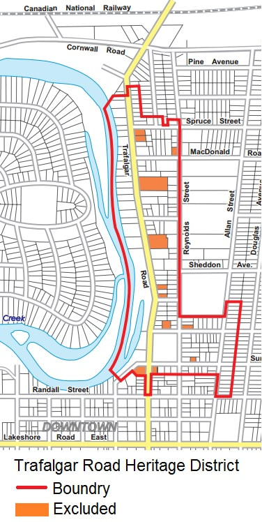 Black line drawing map with red line showing the walking tour of Trafalgar Road oakville