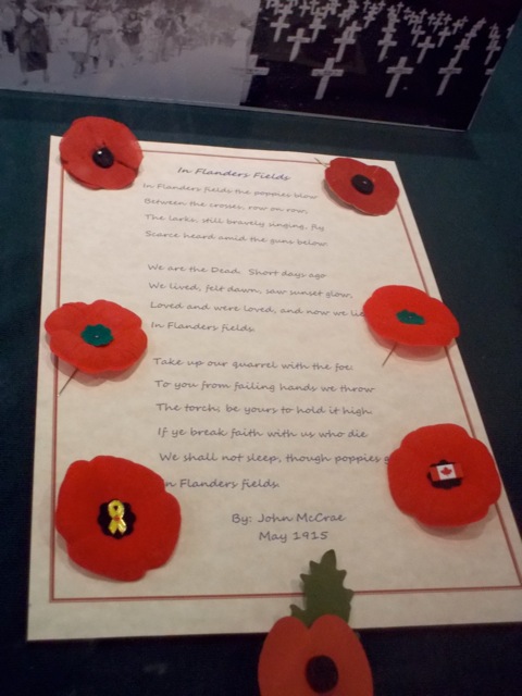 Photo of six poppies arranged around a copy of the poem 