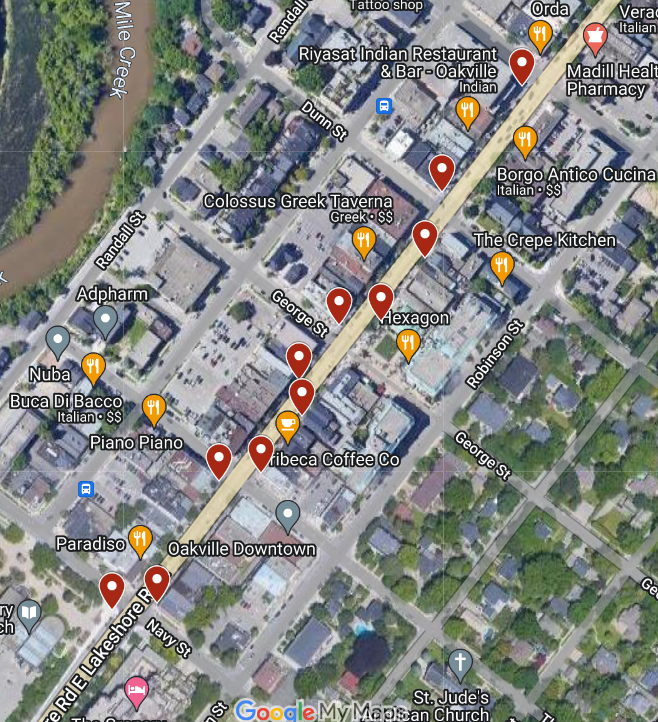 Map of downtown Oakville with points of interest marked