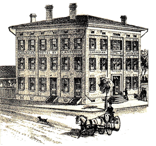 drawing of a three story old brick building with sign that reads Old Oakvile Hotel