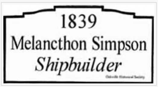 Historical plaque with black text on white background that reads 1839 Melancthon Simpson shipbuilder