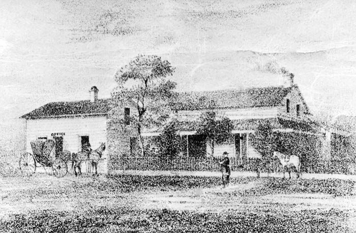 black and white illustration of house in open field with horse and buggy in front