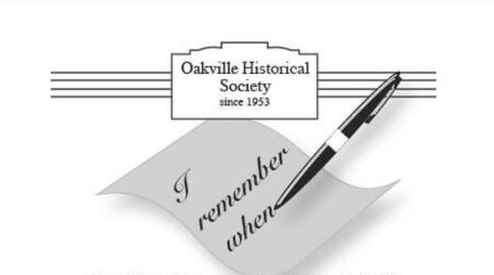 black and white illustration of pen on paper writing i remember when with the oakville historical society logo on top