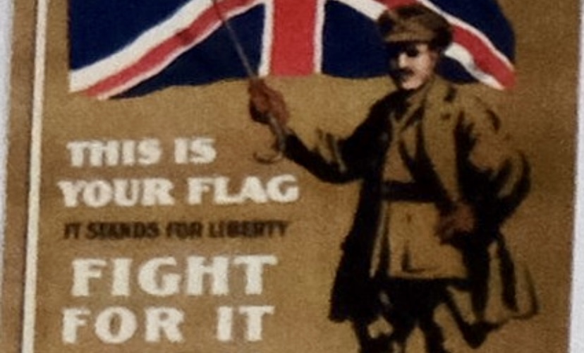 drawing of soldier in front of union jack with text this is our flag flight for it