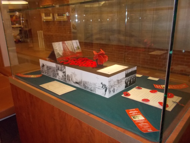 photo of exhibit with poppies in glass booth