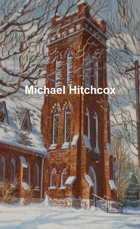 Painting of St. Jude's Church with snow