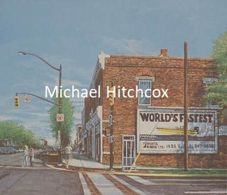 Painting of building at corner of Lakeshore Rd. and Navy St. with billboard and pedestrians crossing road.