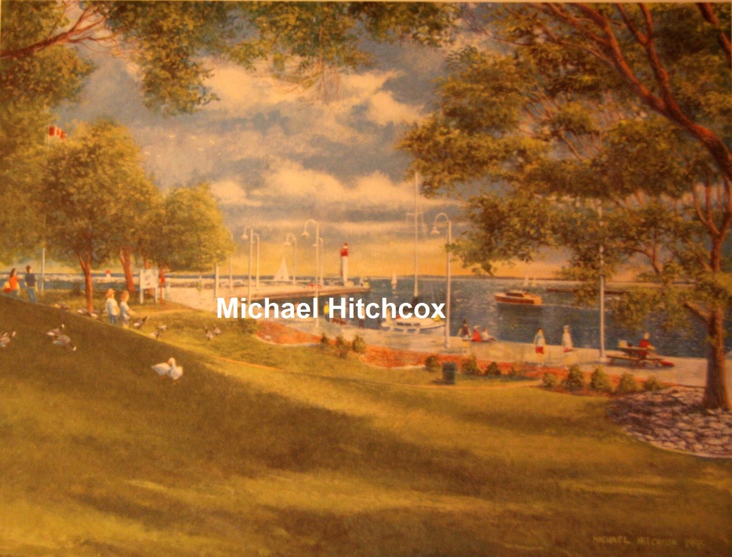 Painting of Bronte Harbour with lighthouse, trees and people