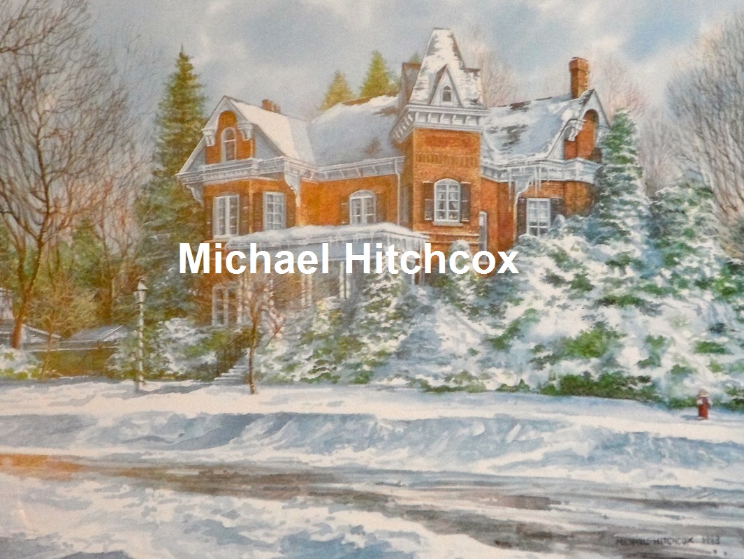 Painting of Marlatt historical home with trees and snow