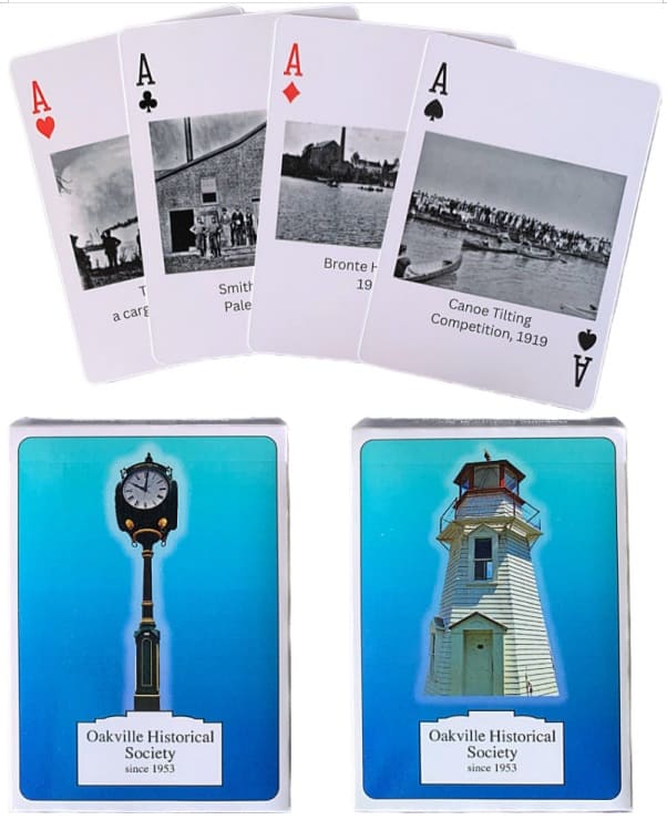 Pictures of Oakville Historical Society playing cards featuring various scenes of Oakville and a lighthouse and an old street clock