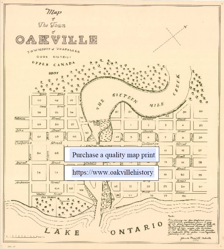 Historical map of Oakville in 1837 in beige and black